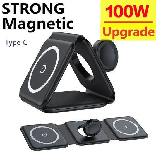 VIKEFON 3-in-1 Magnetic Wireless Charger 15W | Foldable Fast Charging Stand for iPhone, Apple Watch & AirPods