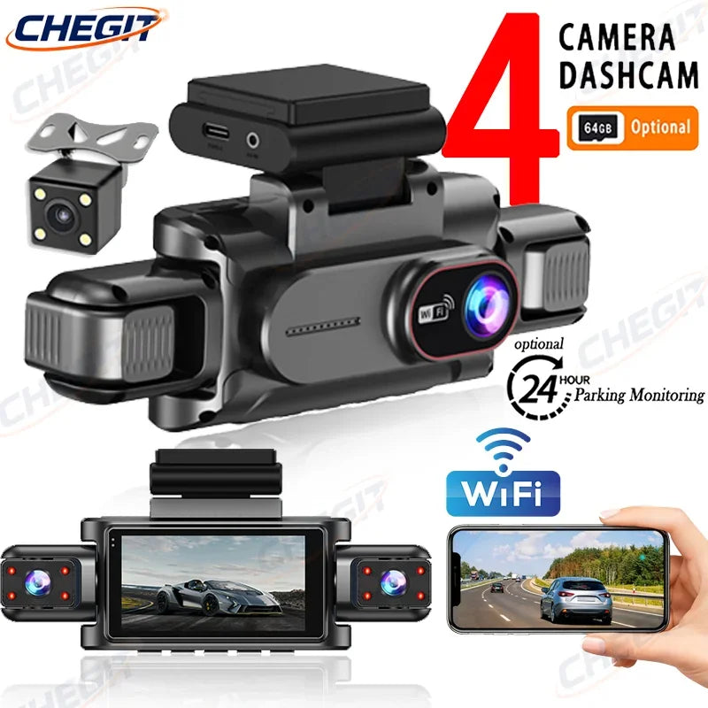 360° 4-Lens Dash Cam 1080P – WiFi Car DVR with Night Vision & Loop Recording