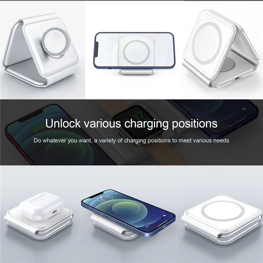 VIKEFON 3-in-1 Magnetic Wireless Charger 15W | Foldable Fast Charging Stand for iPhone, Apple Watch & AirPods
