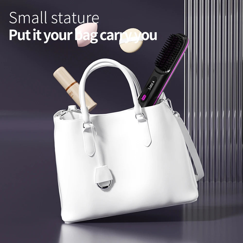 Cordless Hair Straightener Brush – Wireless Ceramic Heated Comb with Ions