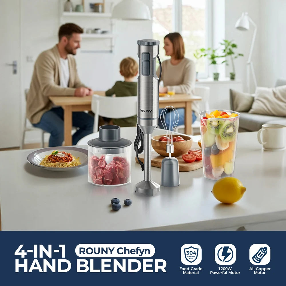ROUNY 4-in-1 Hand Blender 1000W – Stainless Steel Immersion Blender with Chopper & Whisk
