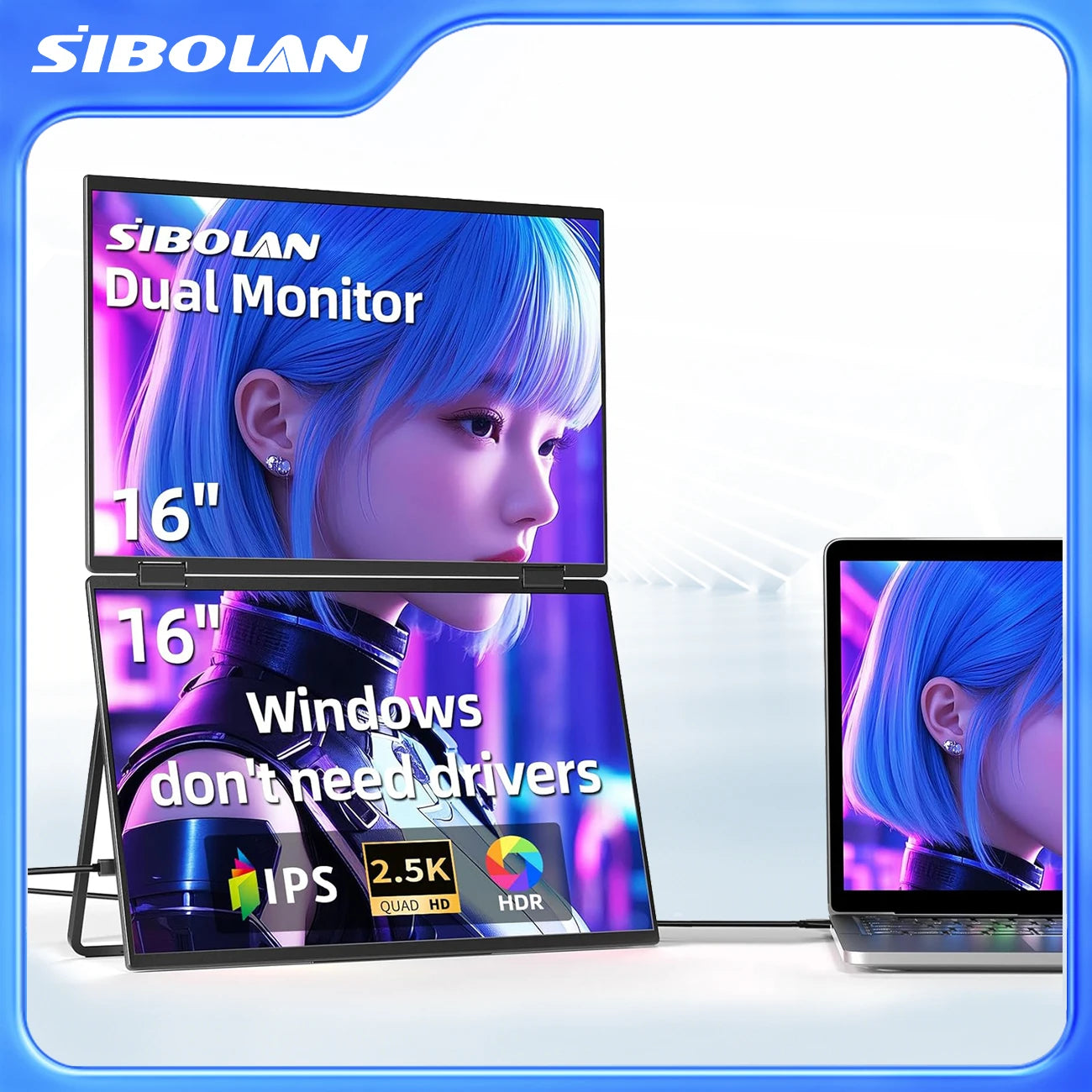 SIBOLAN 16 Inch Dual Screen Laptop Extender | 2.5K 1600P IPS | USB-C HDMI Portable Monitor