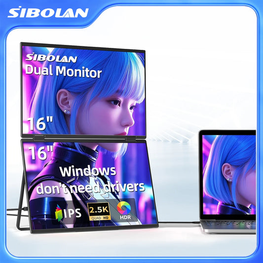 SIBOLAN 16 Inch Dual Screen Laptop Extender | 2.5K 1600P IPS | USB-C HDMI Portable Monitor