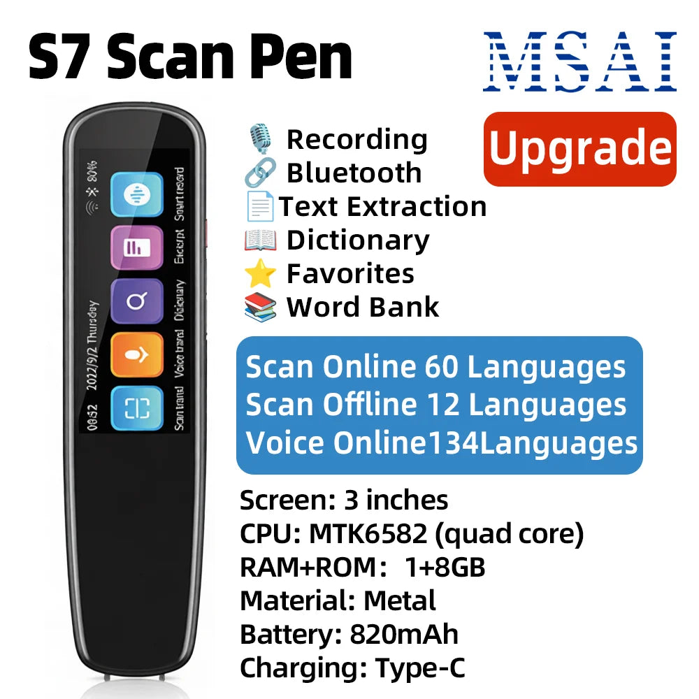 MSAI S7 Portable AI Translator – Text Scan, Voice Translation & Language Learning Tool