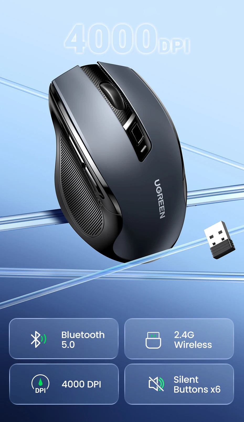 UGREEN MU006 Wireless Mouse – Bluetooth 5.0 & 2.4G, 4000 DPI, Silent Ergonomi
