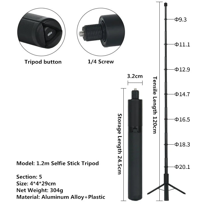 Aluminum Selfie Stick for Insta360, GoPro & DJI Action Cameras