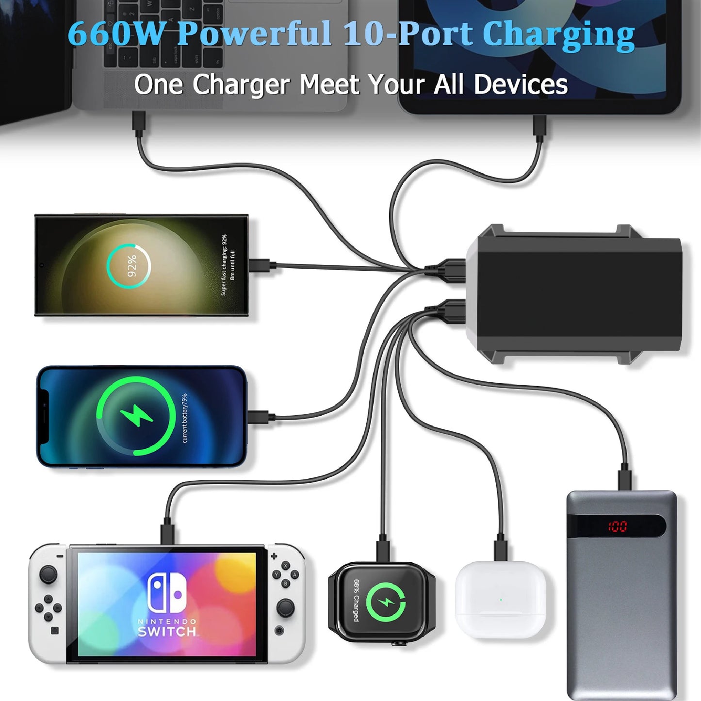 10-in-1 660W USB-C Power Hub – Multi-Device Fast Charging Station with Global Plugs