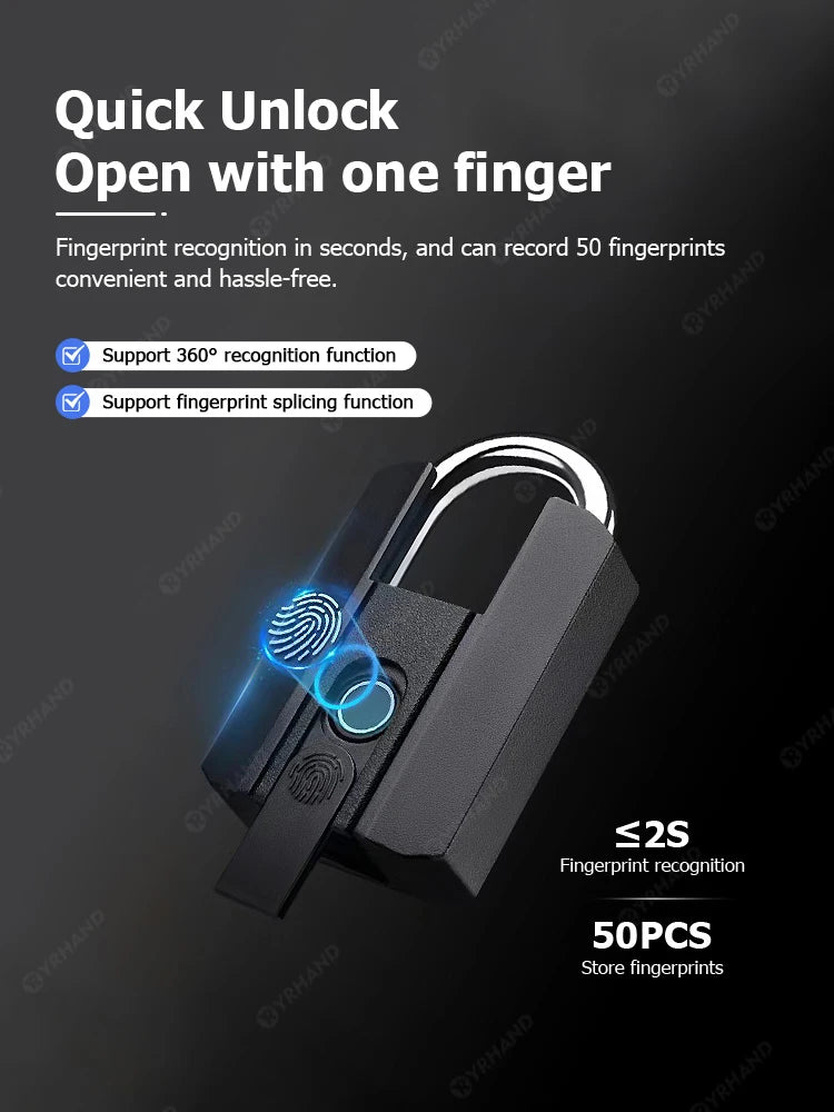 YRHAND 916 Smart Fingerprint Padlock – TTLock Bluetooth App, IP66 Keyless Security