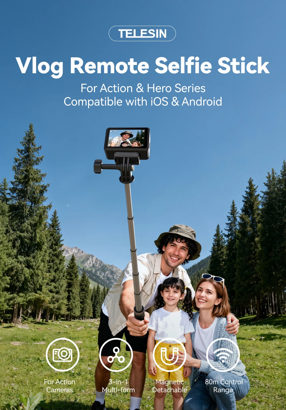 Long-Range 80m Remote Selfie Stick Tripod for Action Cameras & Phones