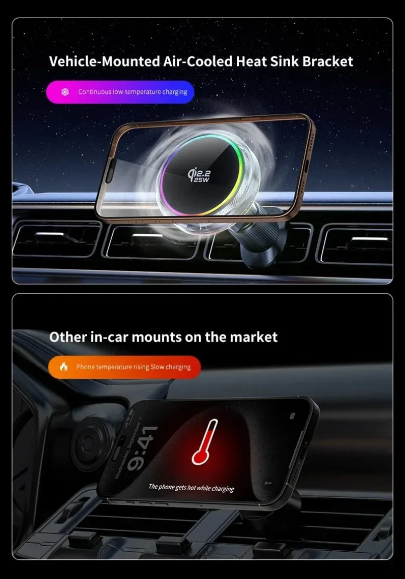 VIKEFON MagSafe-Style Car Charger – 15W Fast Wireless Charging with Cooling Fan