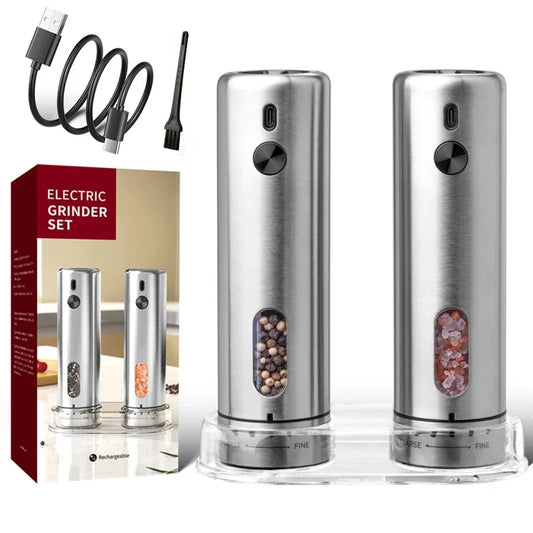 FLYMUYU Electric Salt & Pepper Grinder – Rechargeable Stainless Steel Spice Mill with Adjustable Coarseness & LED Light