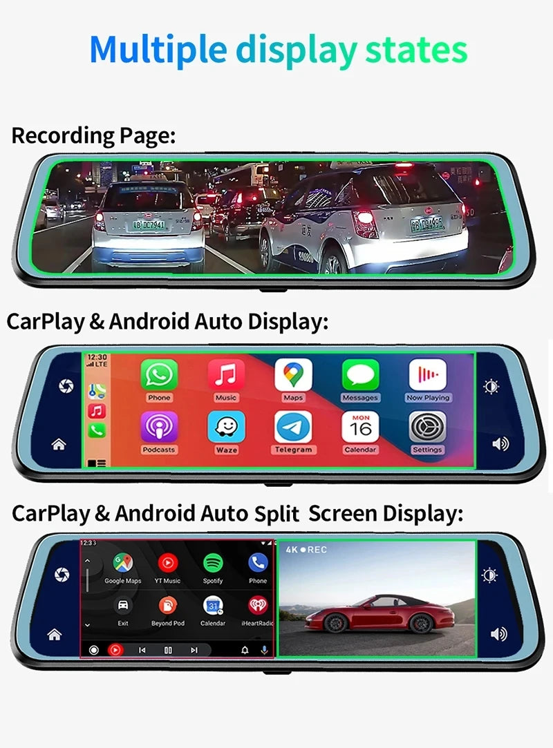 10″ 4K Car DVR Touch Screen with Wireless CarPlay & Android Auto – Front & Rear Dash Cam