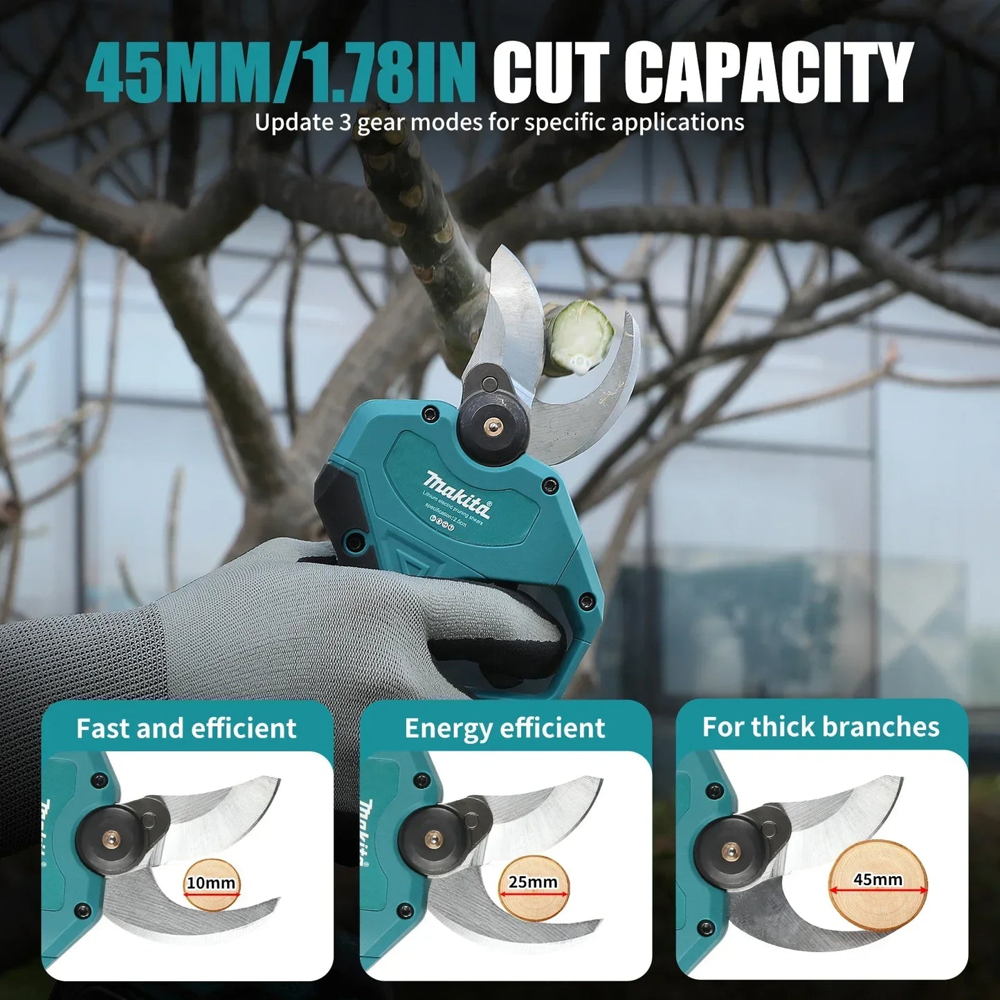 Makita Cordless Electric Pruning Shears 18V – Brushless Motor, SK5 Steel Blade, LCD Display