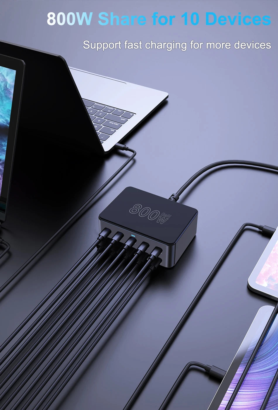 BK-123D 800W GaN Fast Charger – Multi-Port USB-C 100W PD for Laptops & Phones