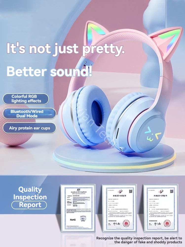 Over-Ear ANC Headset with RGB Cat Ears – Wired & Wireless, Gaming Mode