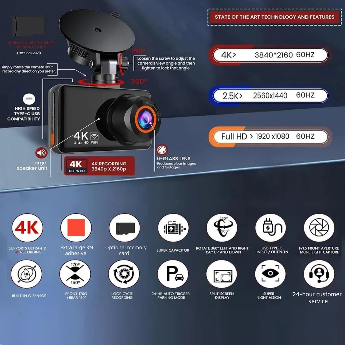 QOZ 4K Dual Lens Dash Cam – Front & Rear Car DVR with WiFi, Night Vision & Parking Monitor