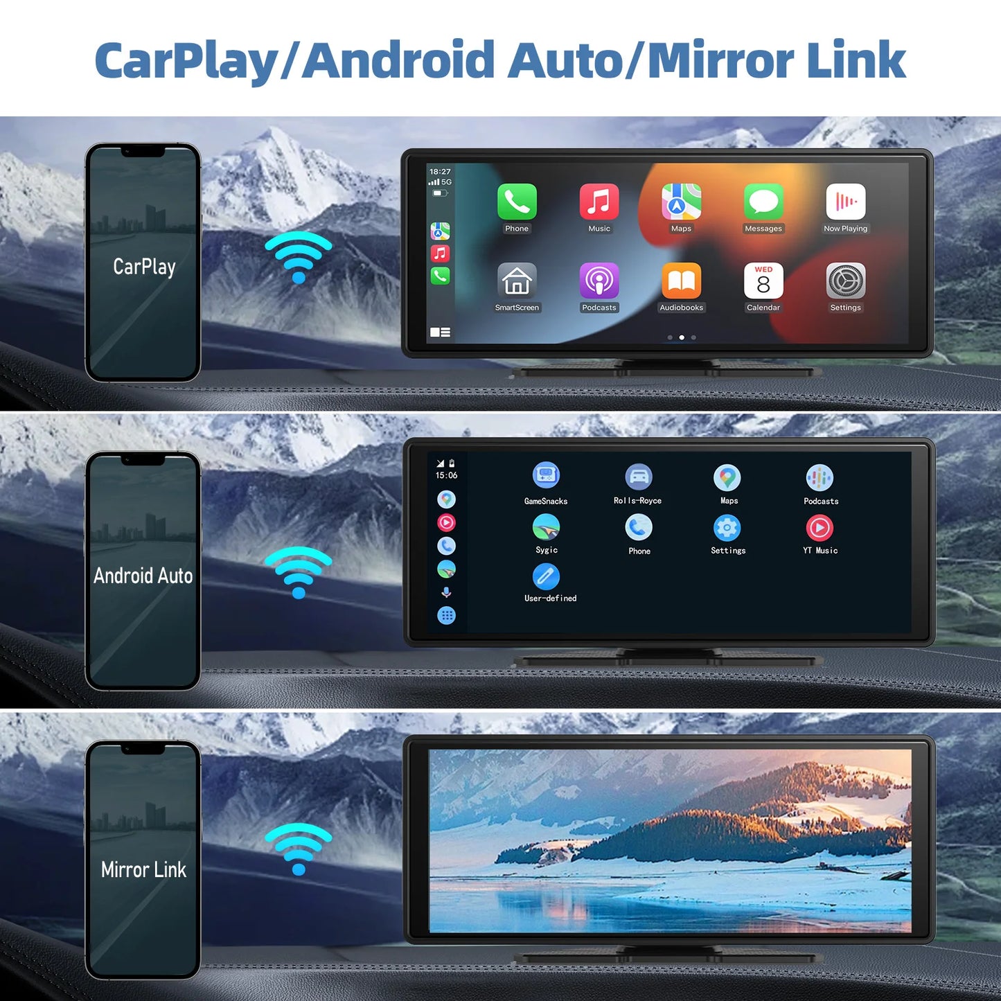 Pionray 10.26” Portable Wireless CarPlay & Android Auto Screen with Dual Camera Support