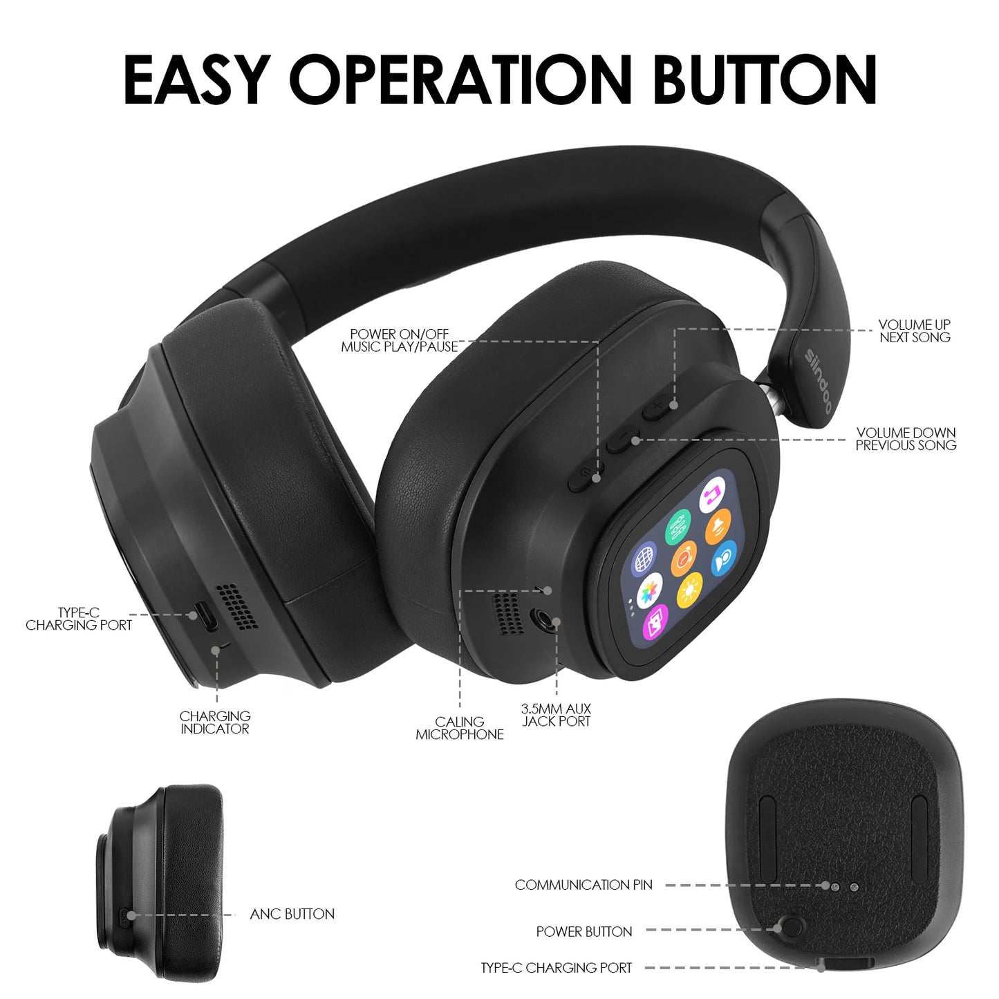 JH-ANC930PLUS Hybrid ANC Bluetooth Headphones – Touch Screen, 70H Playtime