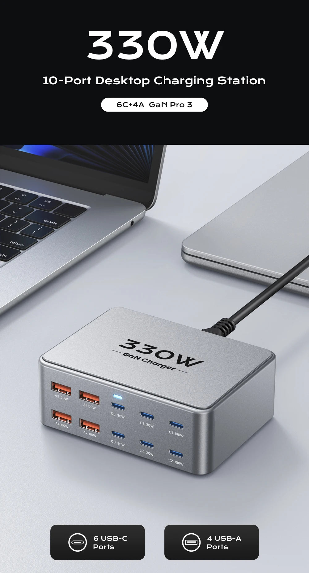 AS330W 330W GaN Desktop Charger – 10-Port USB-C & USB-A Fast Charging Station