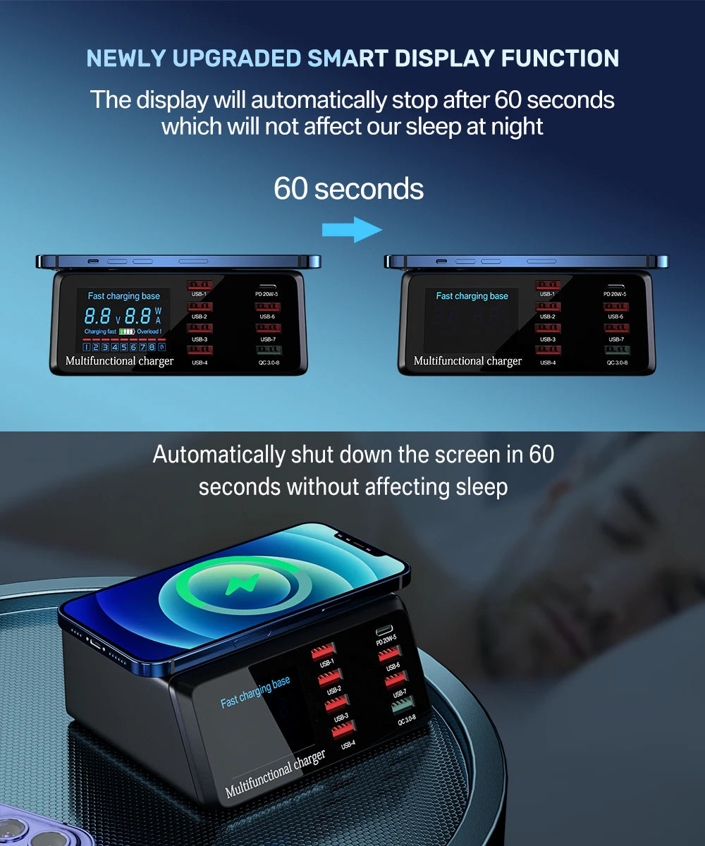 100W USB-C PD Desktop Charging Station with Wireless Charging & Display