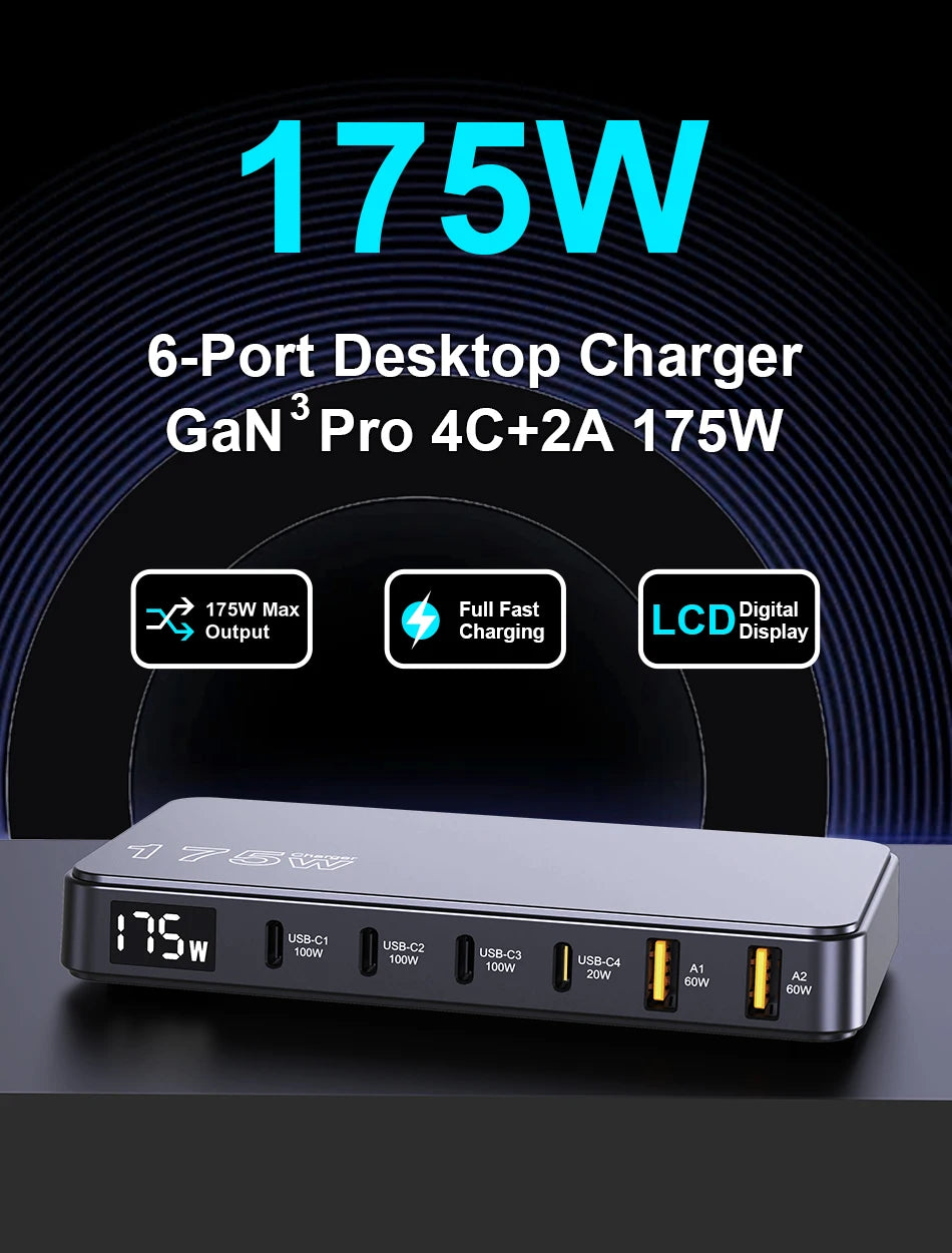 175W USB-C GaN Desktop Charger – LED Display, PD 100W, QC 60W Multi-Device