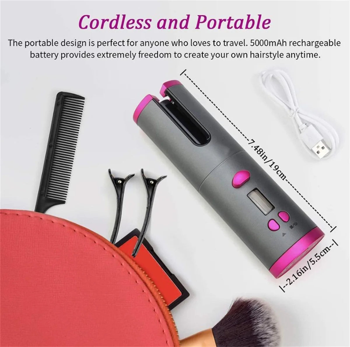 Cordless Hair Curler with Adjustable Heat – Portable Rechargeable Styling Tool