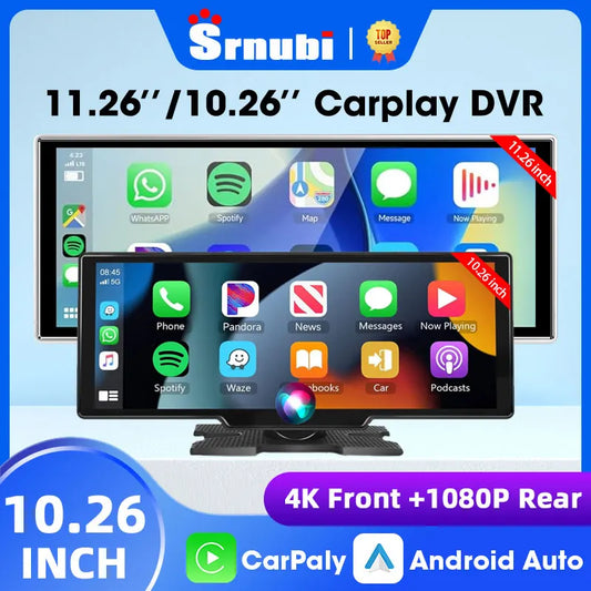 SRNUBI 10.26” 4K Dual Dash Cam with Wireless CarPlay & Android Auto – Front & Rear Camera