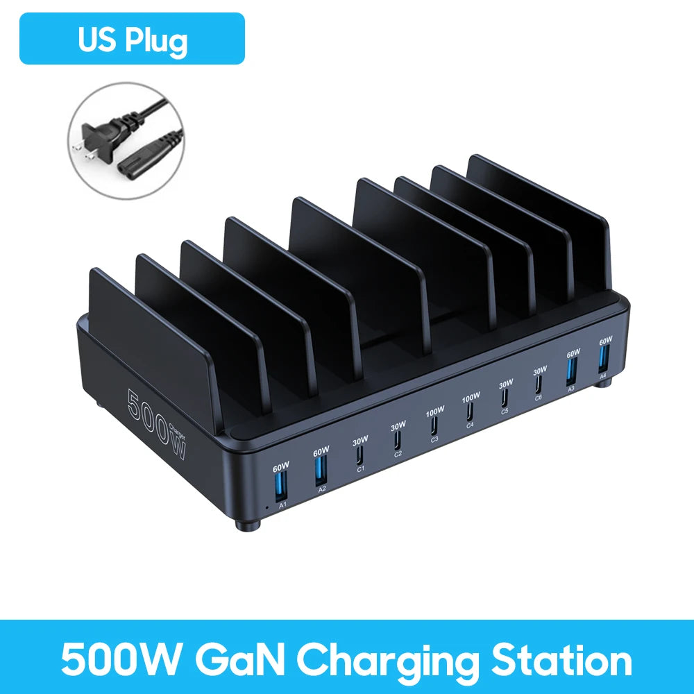 500W GaN Desktop Charging Station – 7 USB-C + 4 USB-A PD Fast Charger for Phones & Laptops