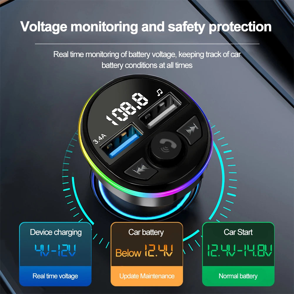 Car Bluetooth FM Transmitter with Dual USB Phone Charger – Hands-Free Music & Calls (12V, CE Certified)