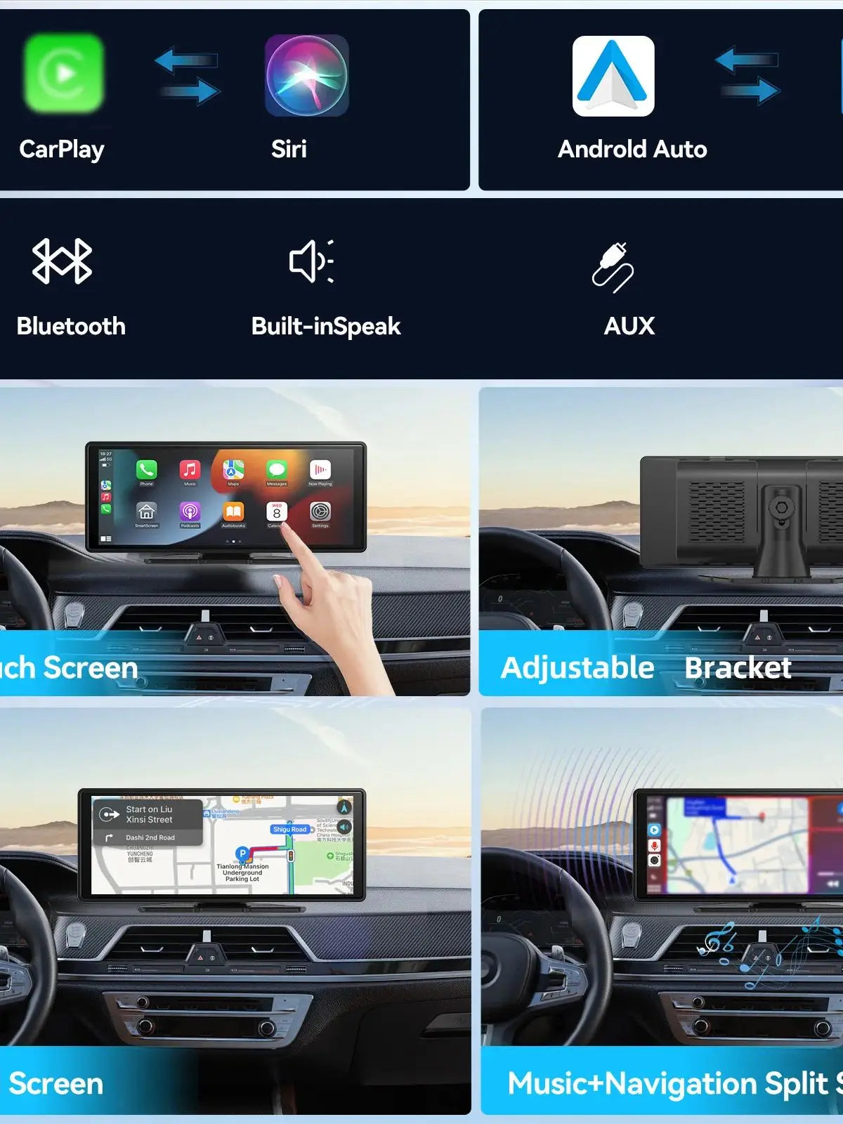 Pionray 10.26” Portable Wireless CarPlay & Android Auto Screen with Dual Camera Support