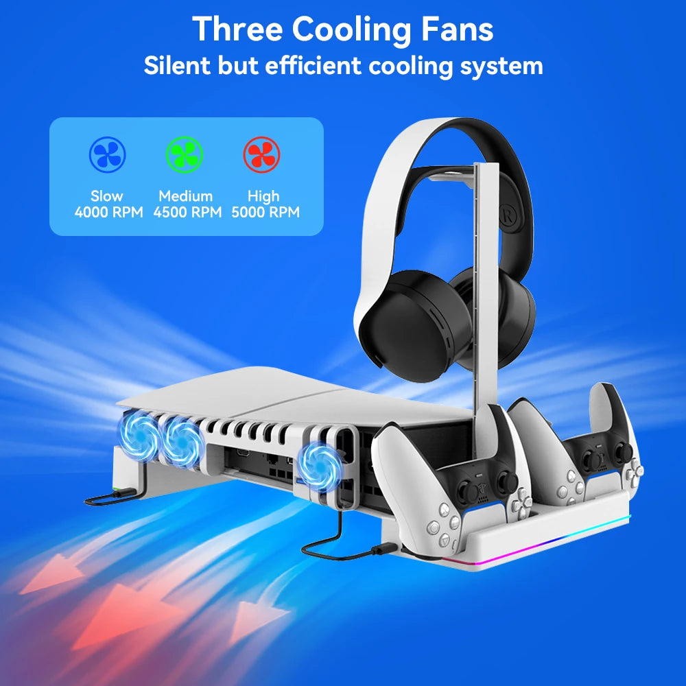 PS5 Slim Cooling Station – Dual Controller Charger, RGB Effects & Headset Holder