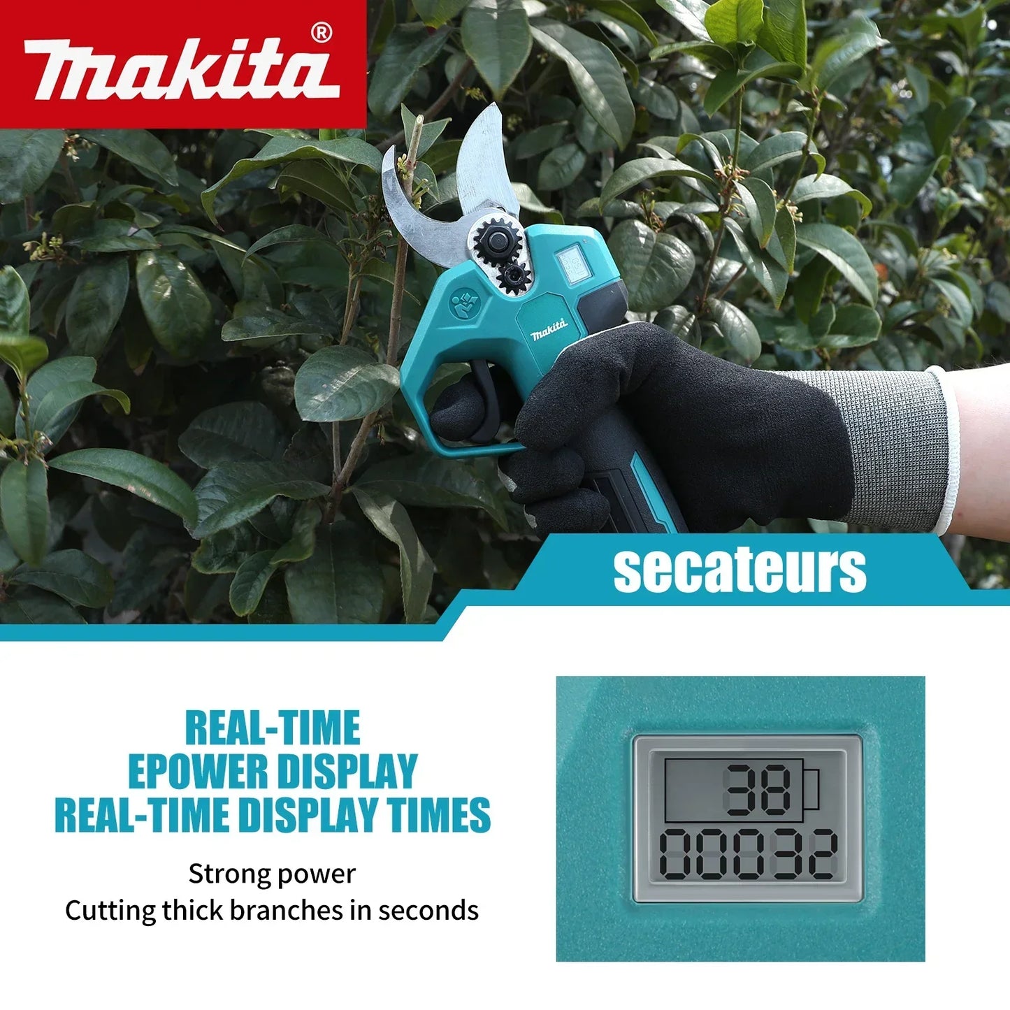 Makita Cordless Electric Pruning Shears 18V – Brushless Motor, SK5 Steel Blade, LCD Display
