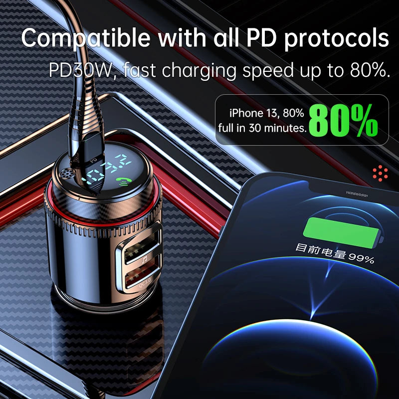 Korseed T23 Bluetooth 5.4 Car FM Transmitter with AUX, PD 30W USB-C Fast Charging & QC3.0 – Wireless Car Audio Adapter
