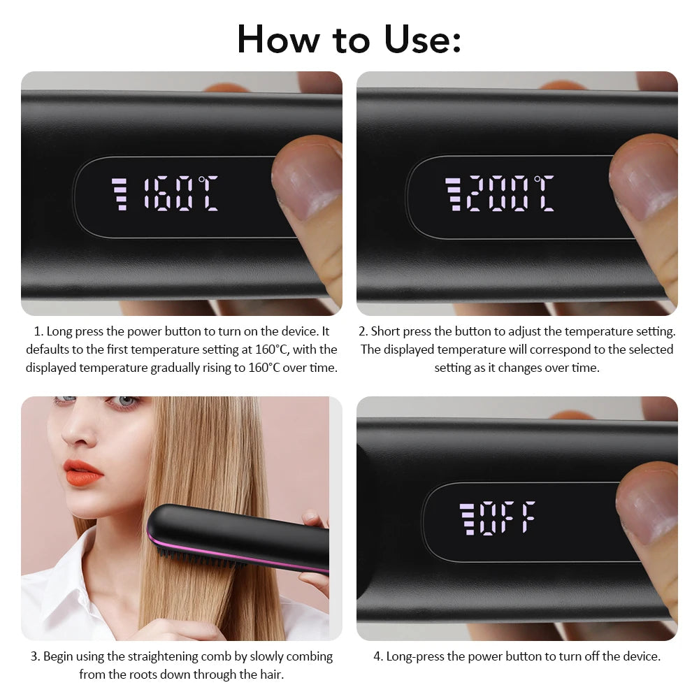 Cordless Hair Straightener Brush – Wireless Ceramic Heated Comb with Ions