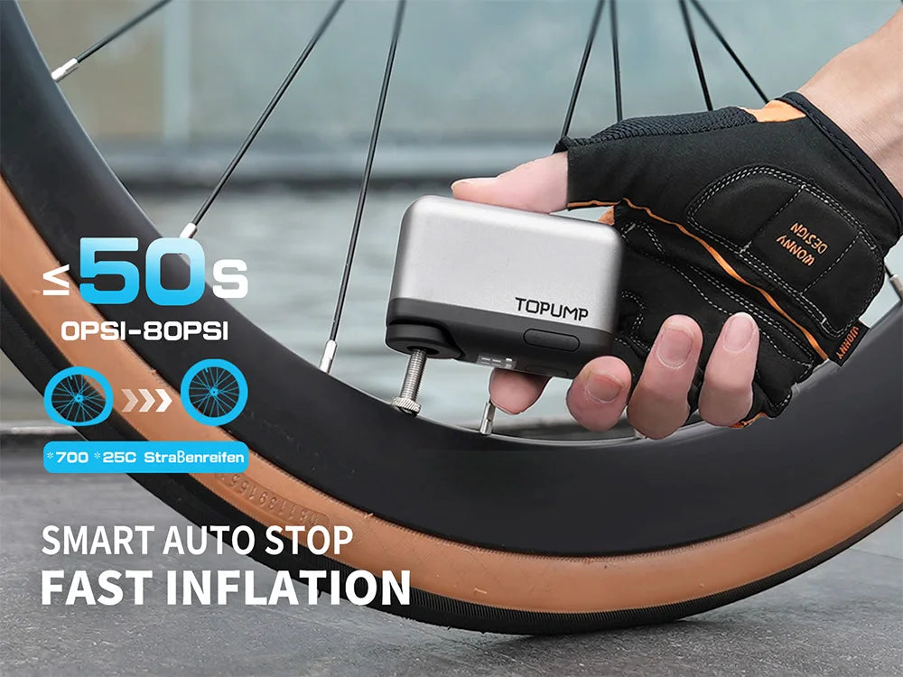 TOPUMP Mini Electric Bike Tire Inflator 110PSI Cordless Air Pump with Digital Display & Memory Pressure Setting