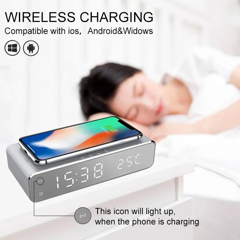 Opansten Wireless Charging Alarm Clock – 5W Qi Charger with Time, Temperature & LED Display