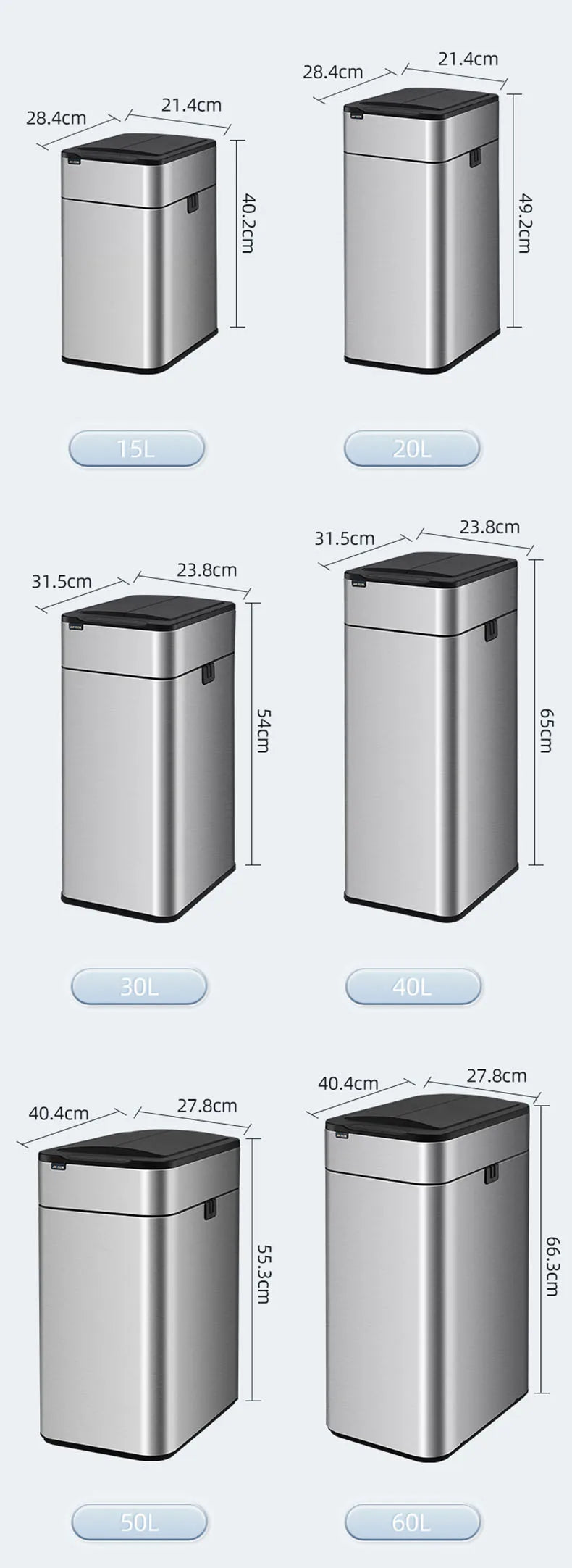 mart Stainless Steel Trash Can 20–60L – Touchless Sensor Kitchen Bin with Wheels