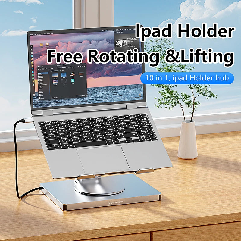 Aluminum Laptop Stand Hub 10-in-1 – USB-C Dock with 4K@60Hz HDMI, SD/TF & RJ45