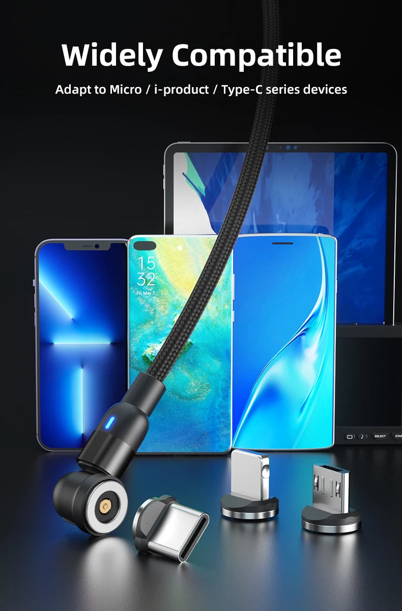 540° Rotating Magnetic Charging Cable | 3-in-1 USB-A to Type-C / Micro USB / Lightning