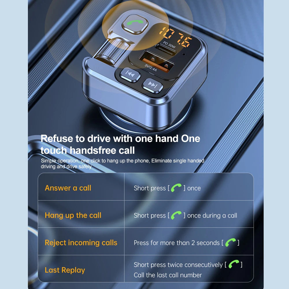 Q28 Bluetooth 5.1 FM Transmitter Car Charger | Dual USB & Type-C Fast Charging with Voltage Display
