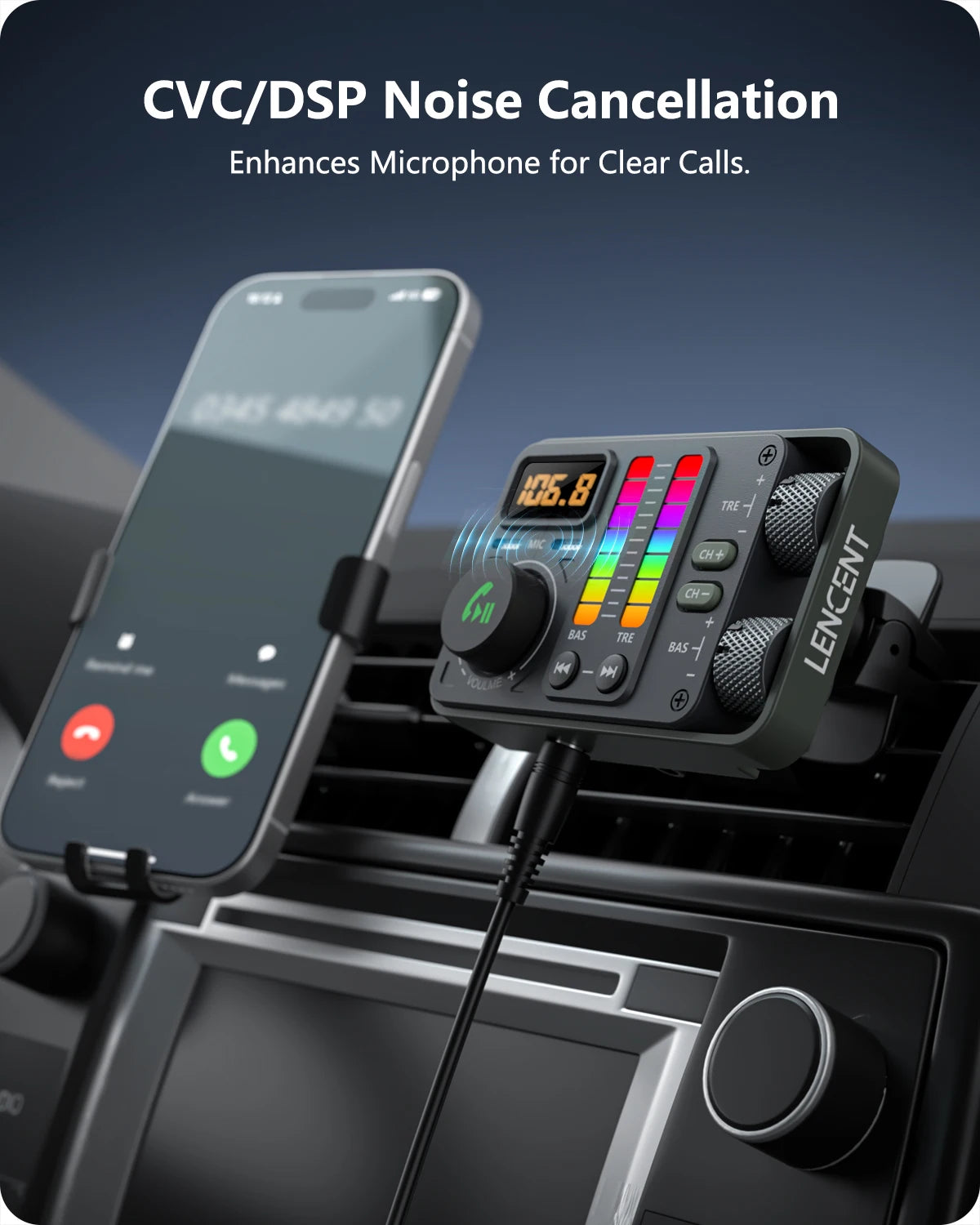 ENCENT MT03 Bluetooth FM Transmitter – PD 20W & QC3.0 43W Fast Car Charger, Dual Mic Hands-Free, Music Streaming