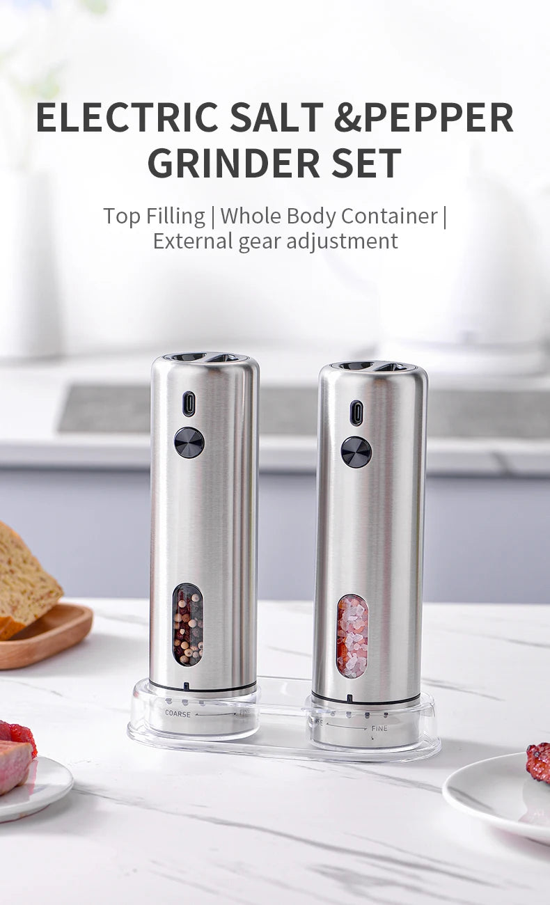 FLYMUYU Electric Salt & Pepper Grinder – Rechargeable Stainless Steel Spice Mill with Adjustable Coarseness & LED Light