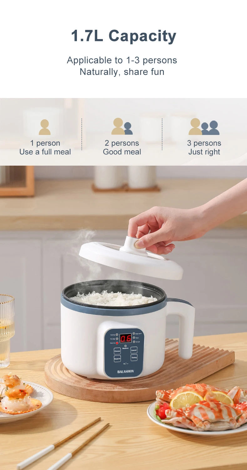 BALASHOV Compact Electric Rice Cooker 1.7L – Non-Stick Inner Pot, Steaming Basket Included