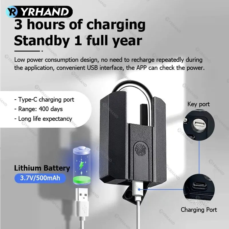 YRHAND 916 Smart Fingerprint Padlock – TTLock Bluetooth App, IP66 Keyless Security
