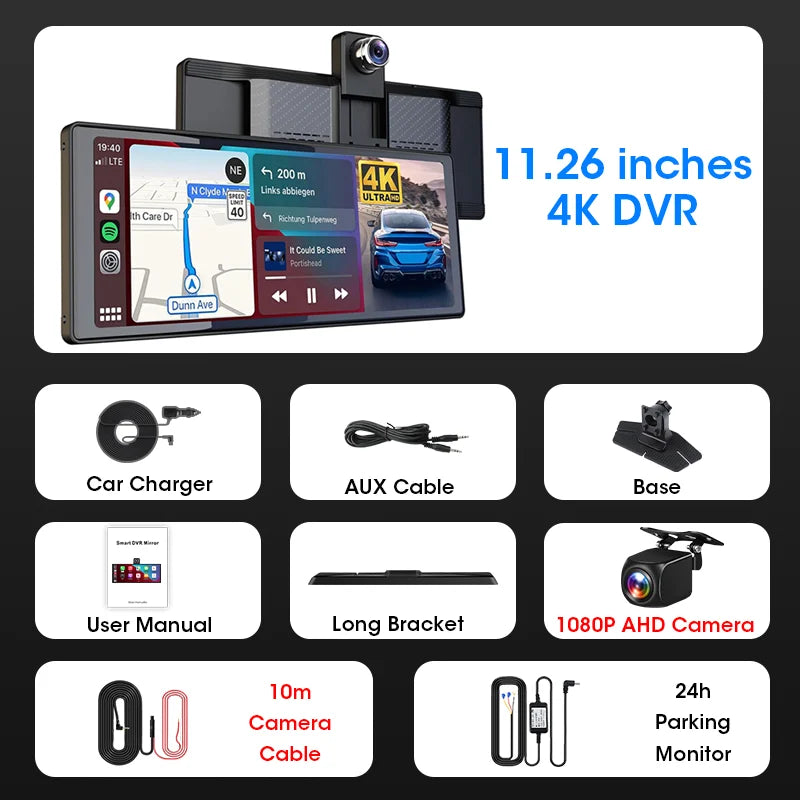 Jansite 10.26"/11.26" Wireless Apple CarPlay & Android Auto Screen with 4K Dash Cam Support