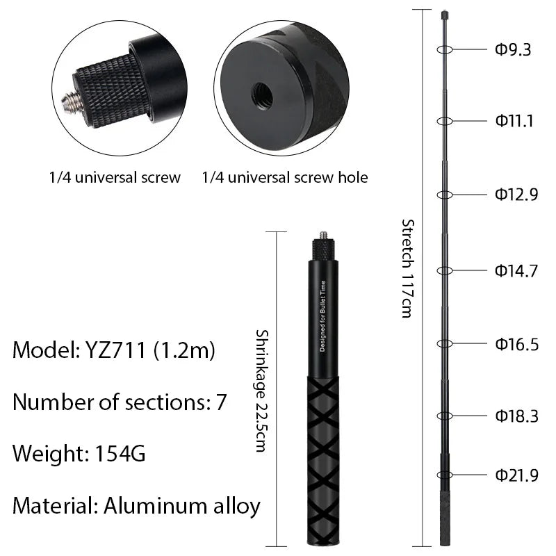 Carbon Fiber Invisible Selfie Stick 120cm for Insta360 & Action Cameras