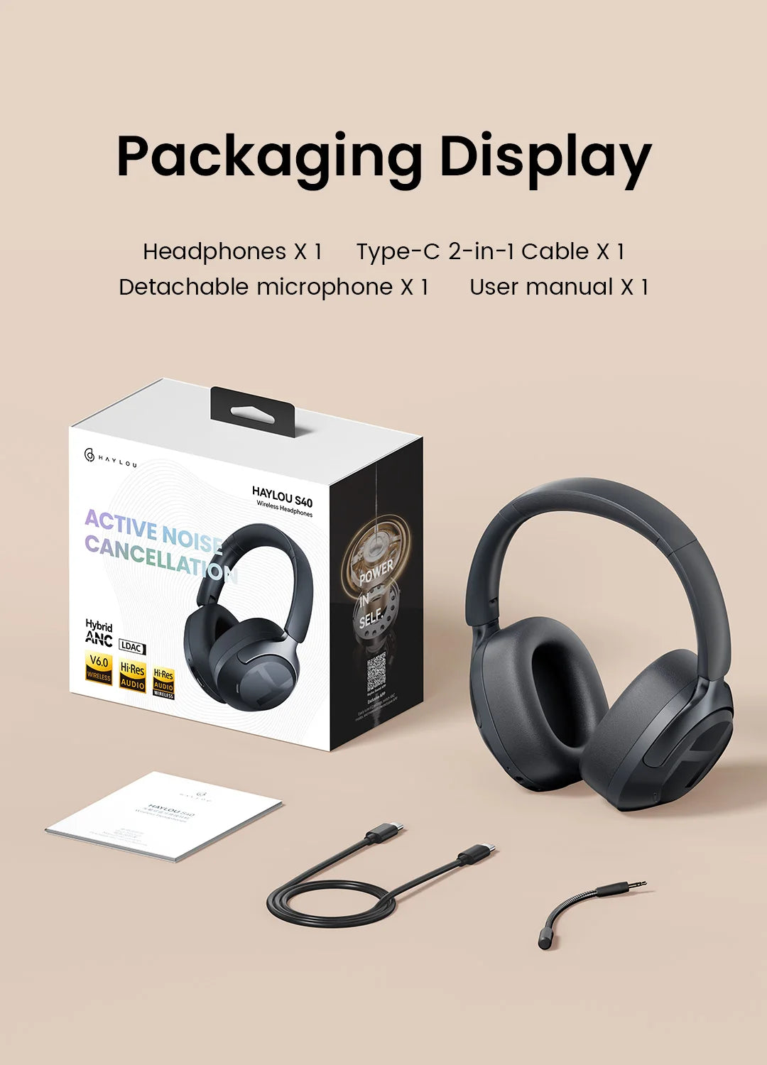S40 ANC Wireless Headphones – 50dB Noise Cancelling, LDAC, 90H Battery