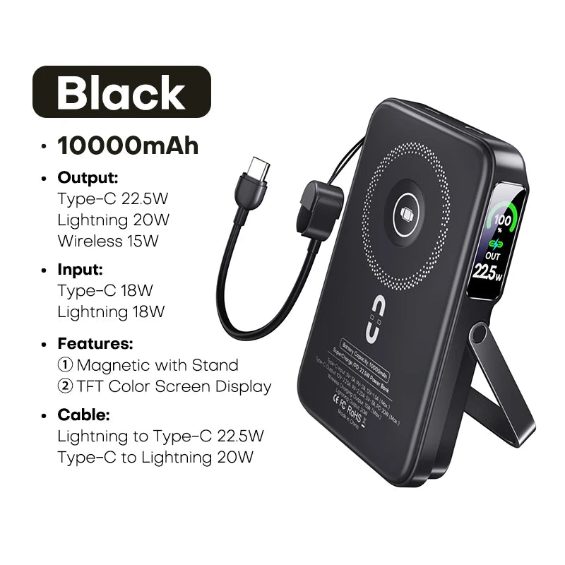 10000mAh Wireless Power Bank – 3-in-1 Magnetic Charger with TFT Display & Stand