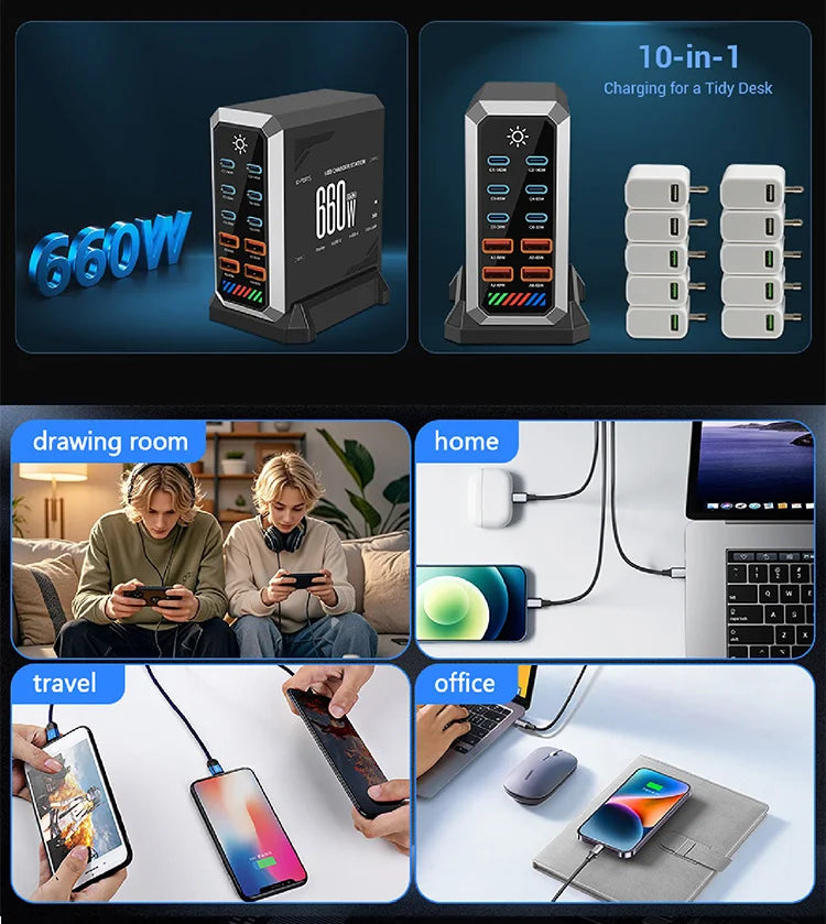 10-in-1 660W USB-C Power Hub – Multi-Device Fast Charging Station with Global Plugs