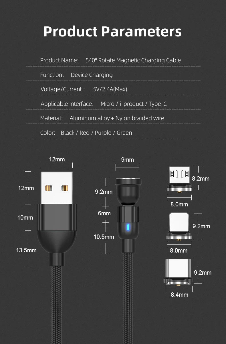 540° Rotating Magnetic Charging Cable | 3-in-1 USB-A to Type-C / Micro USB / Lightning